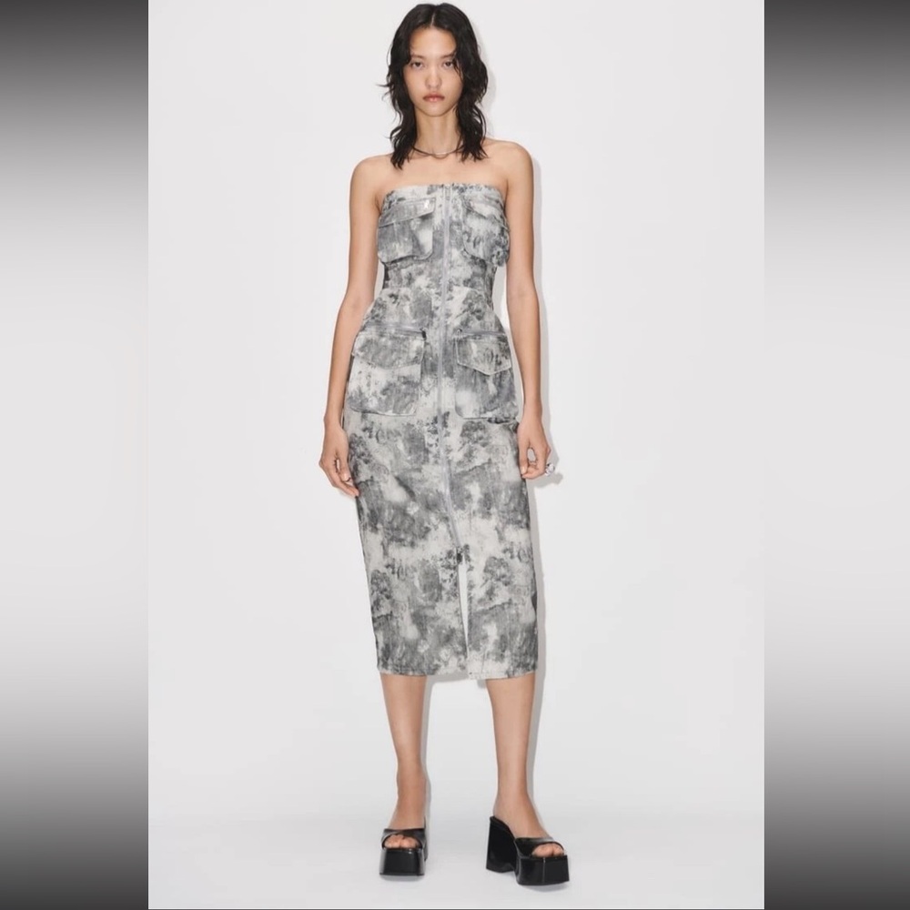 Zara Grayish Camouflage Strapless Cargo‎ Pocket Front Zip Sexy Midi Dress NWOT S